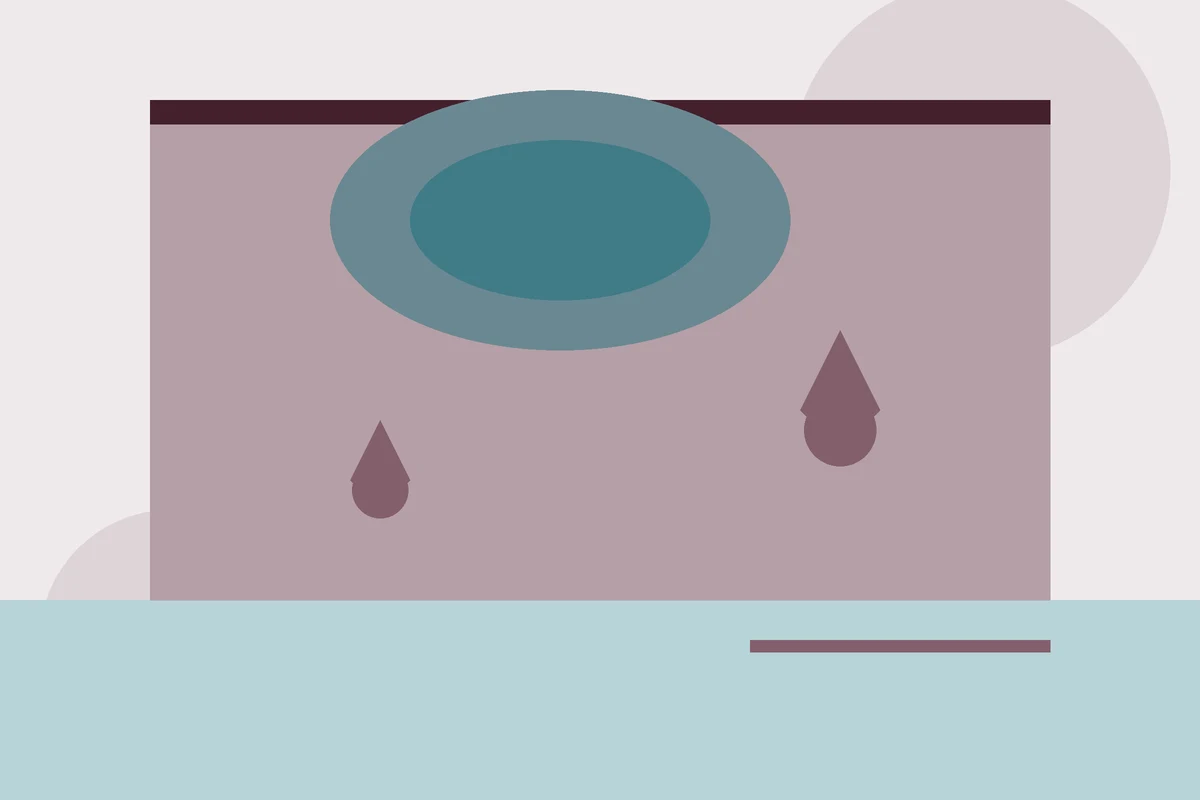 Illustration of a water stain spreading on a drywall ceiling with drops falling