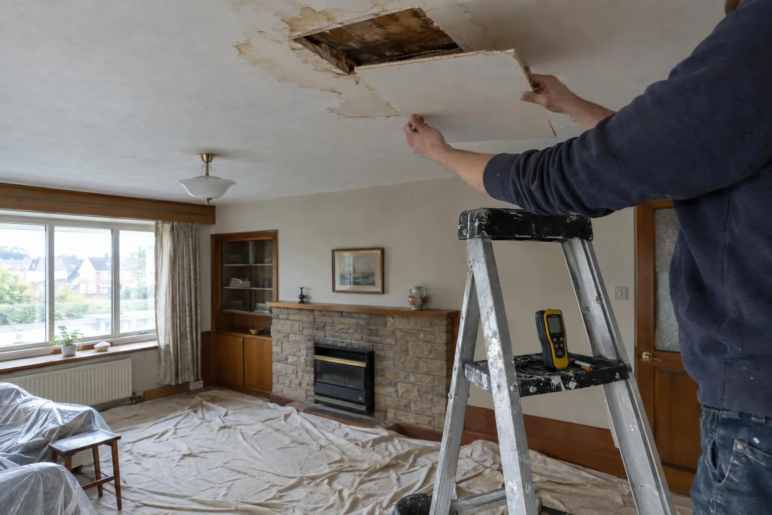 Worker lifting out a damaged ceiling panel with a water stain above a covered living-room floor, a moisture meter on the ladder shelf